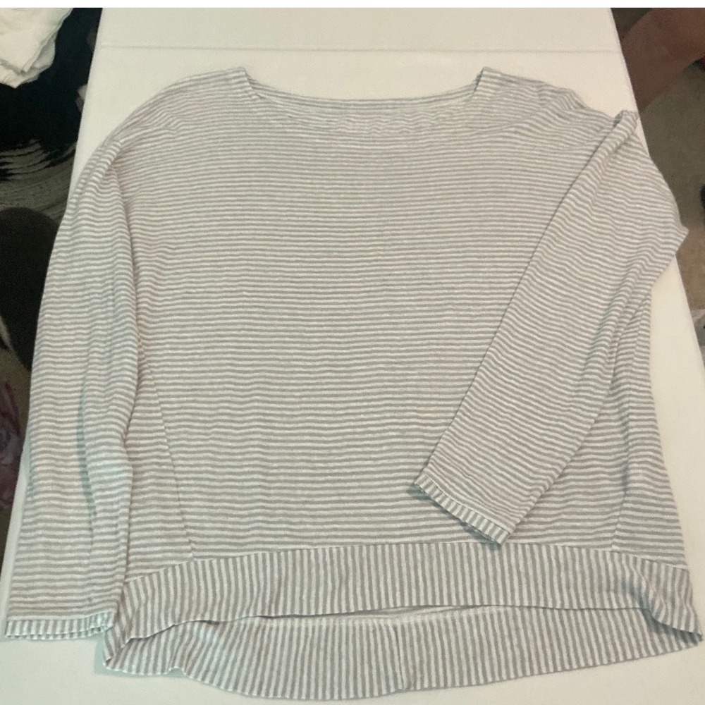 NEW Eileen Fisher Organic Linen Striped Boat Neck Top Grey White Size Medium